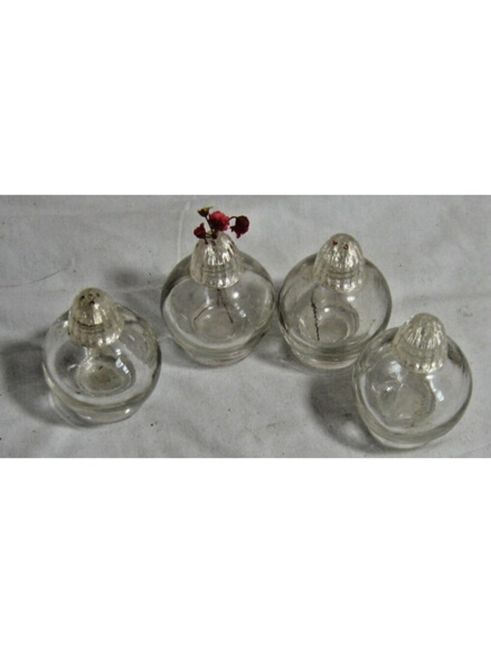 Set Of 4 Vintage Cracked Glass Sterling Silver Cover Salt And Pepper Shakers
